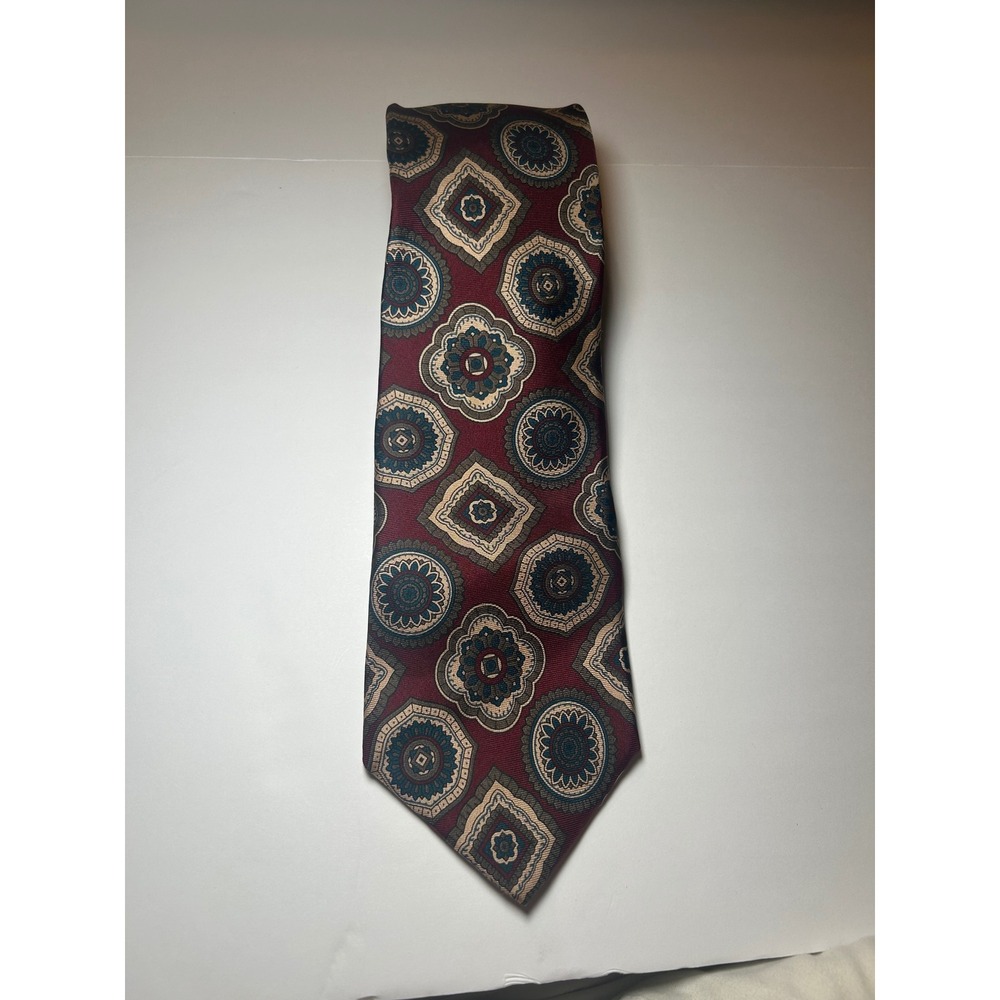 G J CAHN Silk Geometric Pattern Burgundy Blue Men's Necktie Handmade